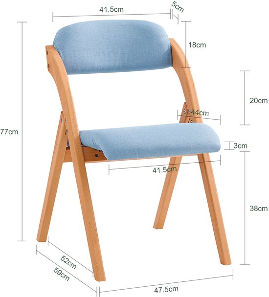 SoBuy Chaise pliante en bois avec coussin d'assise rembourré, chaise de bureau, chaise de salle à manger, Nature/Bleu, 47,5x77x59 cm, FST92-BL - pour salle à manger, balcon ou bureau