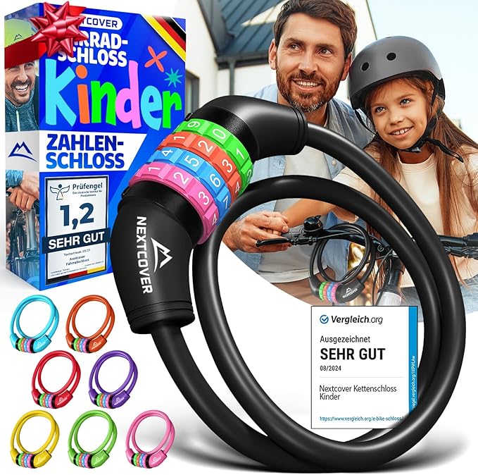 NEXTCOVER® Cadenas pour vélo d'enfant - Code numérique à 4 chiffres - Cadenas à combinaison pour vélo avec chiffres colorés - Cadenas pour scooter Extra robuste et sûr - Noir