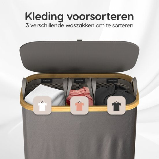 Panier à linge Dymac, 145 Litres, 3 compartiments, Trieur de linge en bambou, Avec 3 sacs à linge amovibles, Gris