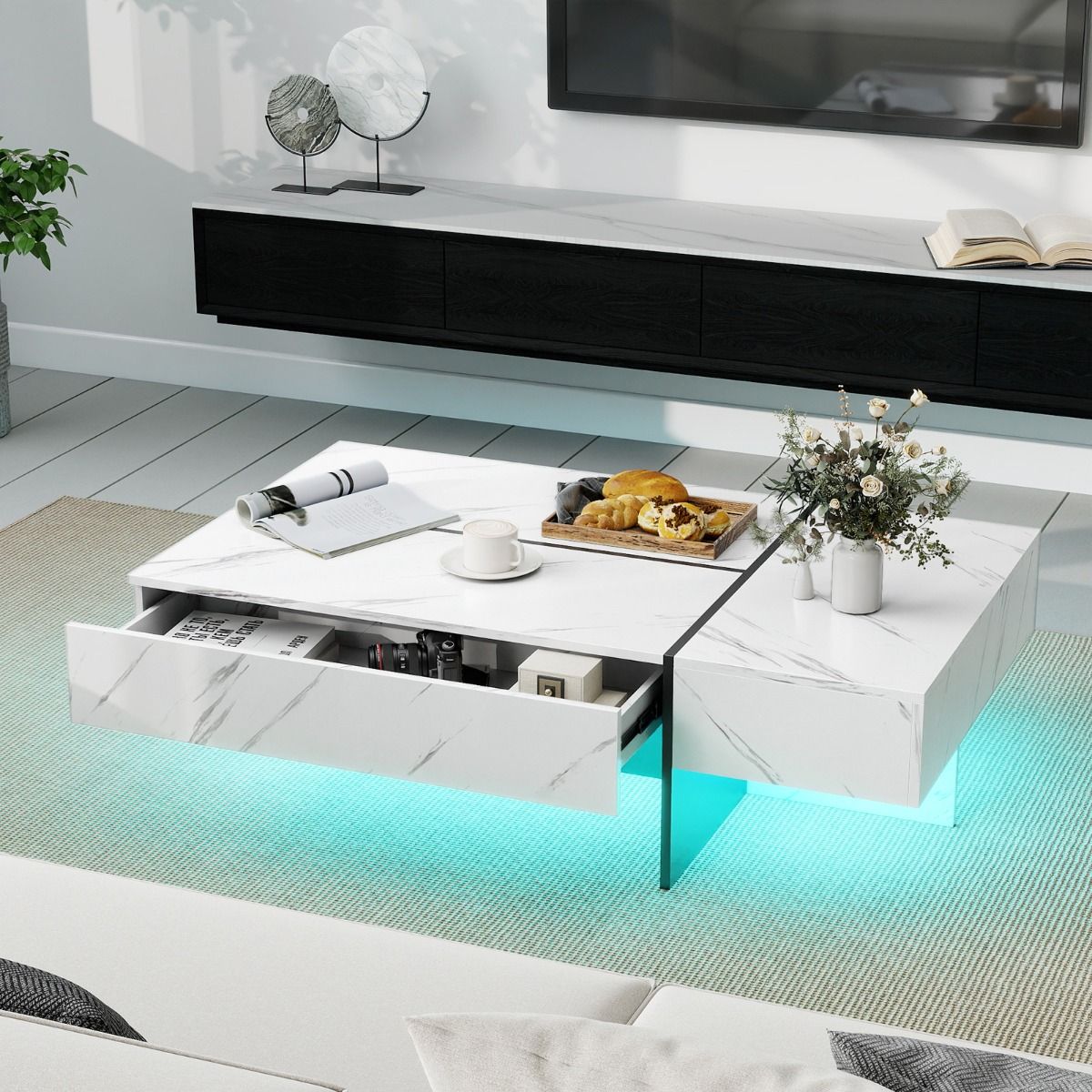 Table basse Coast avec éclairage LED - 3 tiroirs de rangement - finition brillante - blanche - 120 x 70 x 35 cm