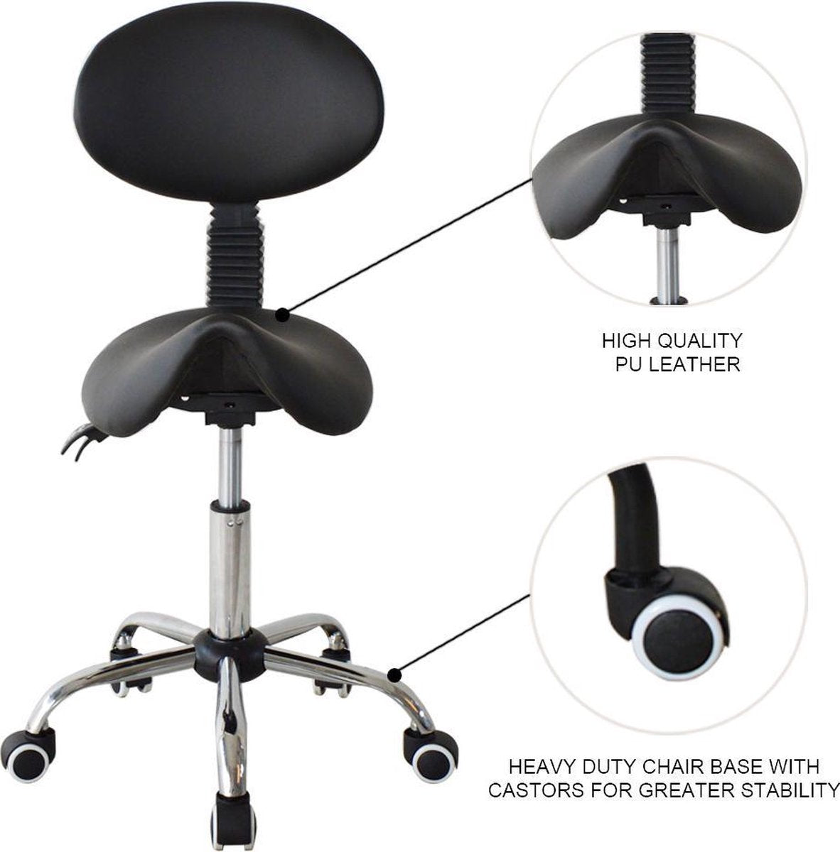VDD Tabouret de selle - Dossier ergonomique inclinable - Hauteur réglable - 38x36x96cm