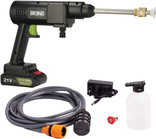 BREND BR-2235 Nettoyeur haute pression sans fil avec batterie et buse réglable - 3 modes de pulvérisation - Pulvérisateur haute pression avec tuyau d'aspiration et bouteille - Noir