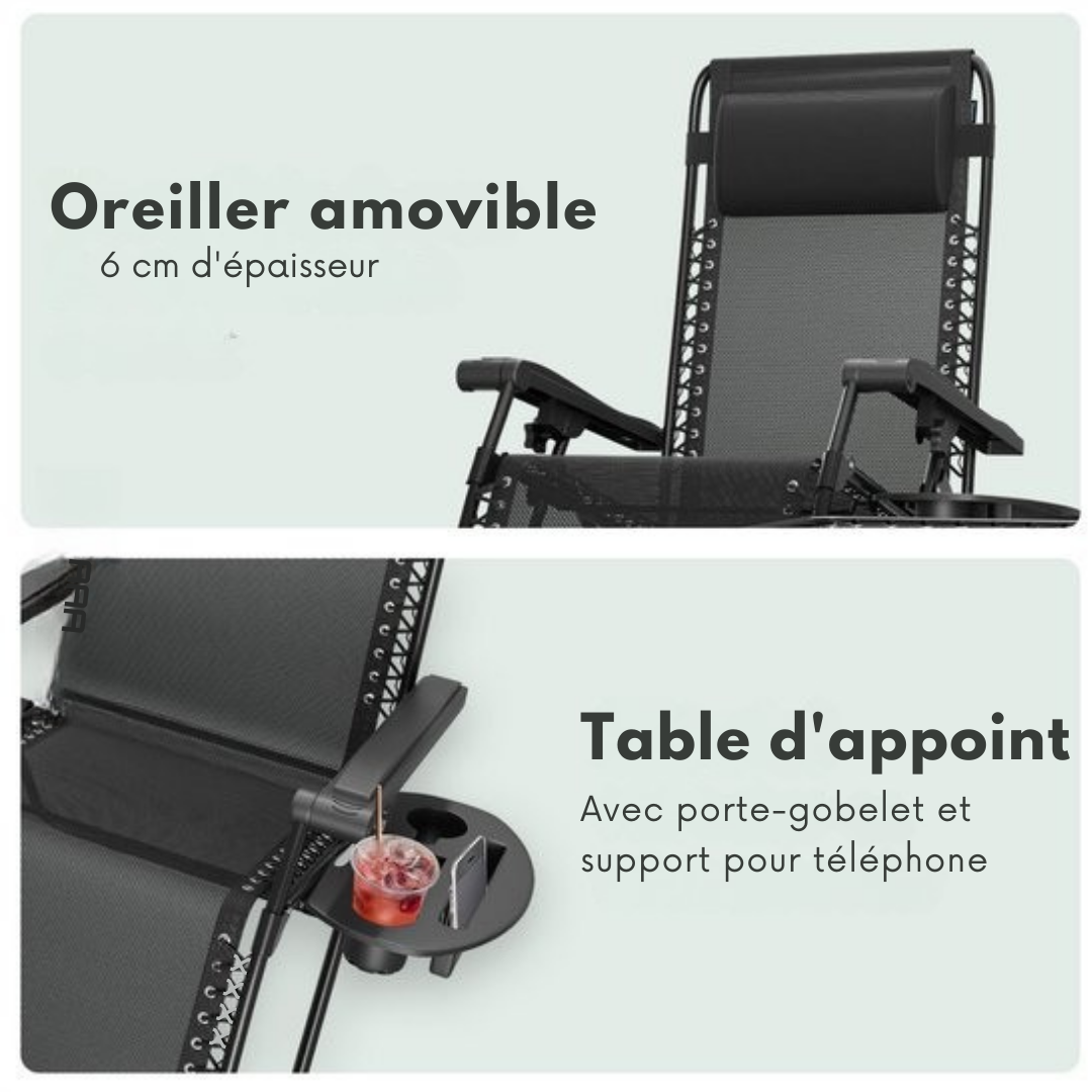 LifeGoods Chaises longues - Pliable - Ensemble complet - Avec table d'appoint - 30°-90° réglable - Chaises de jardin - Métal - Noir