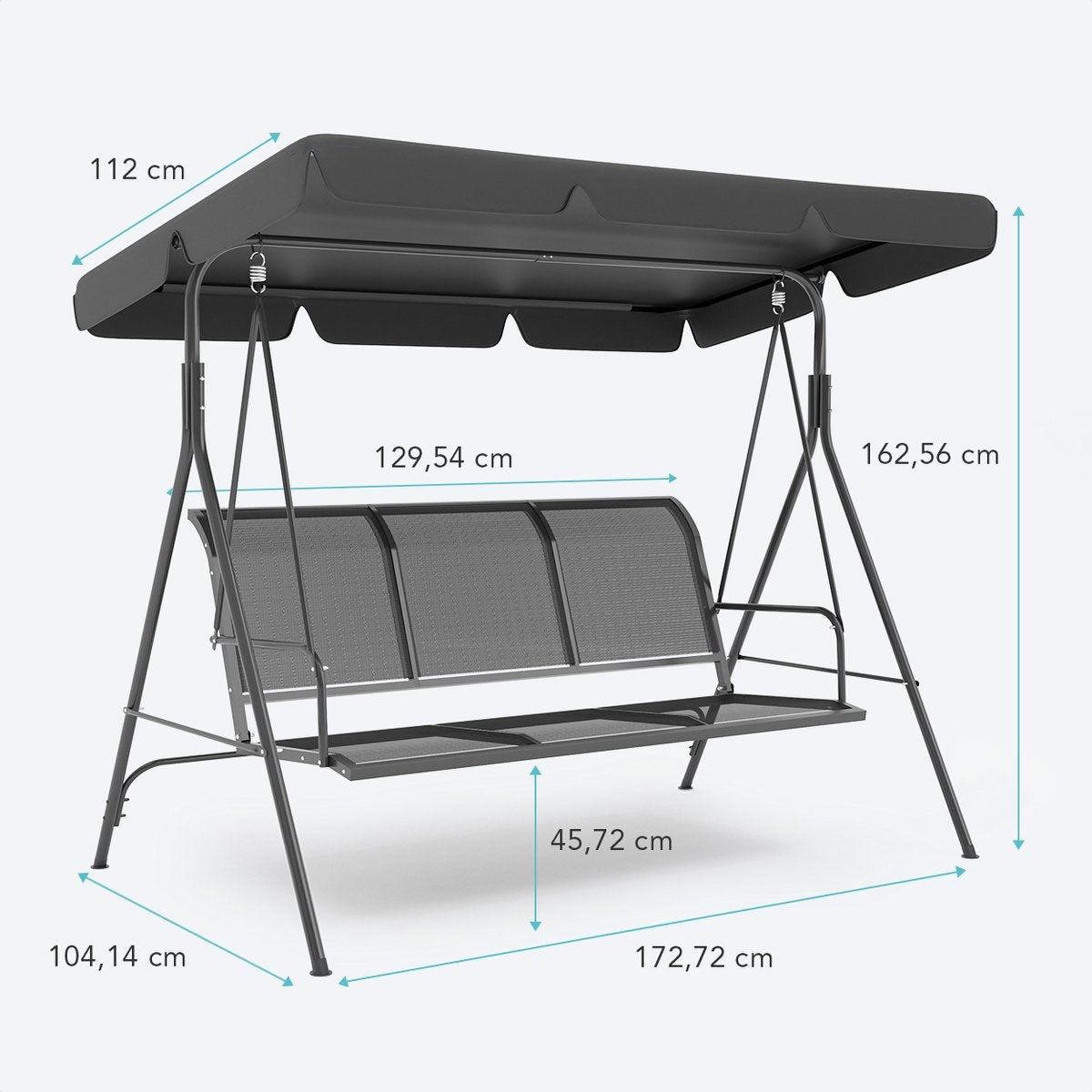 Balançoire LifeGoods - 3 places - jusqu'à 250KG - Toit inclinable - Parasol résistant aux UV - 172x104x162cm - Gris