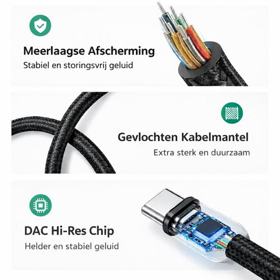 Câble JUALL USB-C vers AUX - USB-C vers prise jack 3,5 mm - Câble audio pour voiture - AUX vers USB-C - 1 mètre - Tressé noir