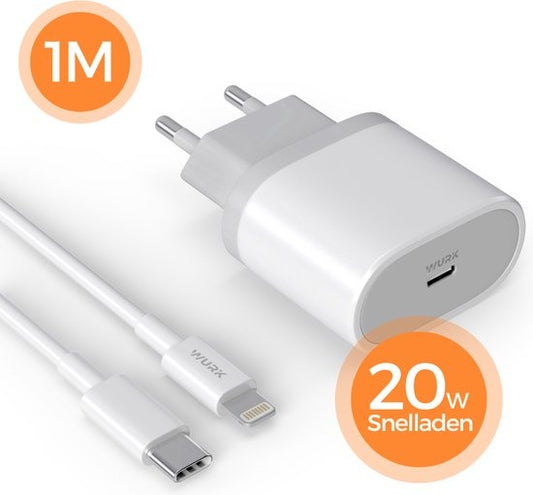 Chargeur - Wurk - Convient à l'iPhone et à l'iPad - Chargeur rapide 20W - Câble de charge 1M - Convient également aux iPhones plus anciens