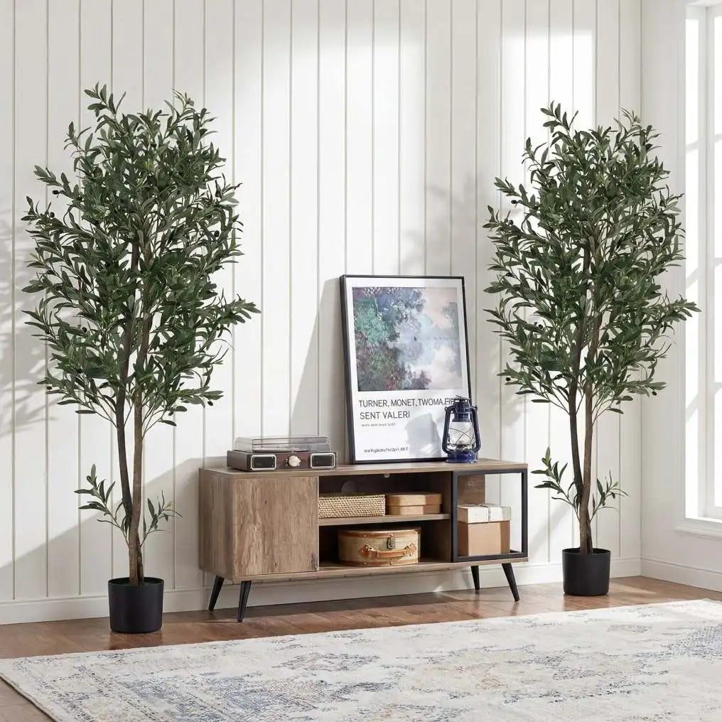 Coast – Lot de deux oliviers artificiels – Avec pot renforcé de ciment, branches flexibles et olives réalistes – Pour le salon et le bureau – Polyester vert et noir – Hauteur : 180 cm