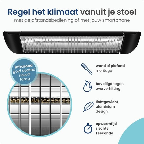 Gologi Smart Terrace Heater - Chauffage électrique - 2000W - Chauffage - Contrôlé par App ou télécommande - Fixation murale - Intérieur et extérieur - Noir
