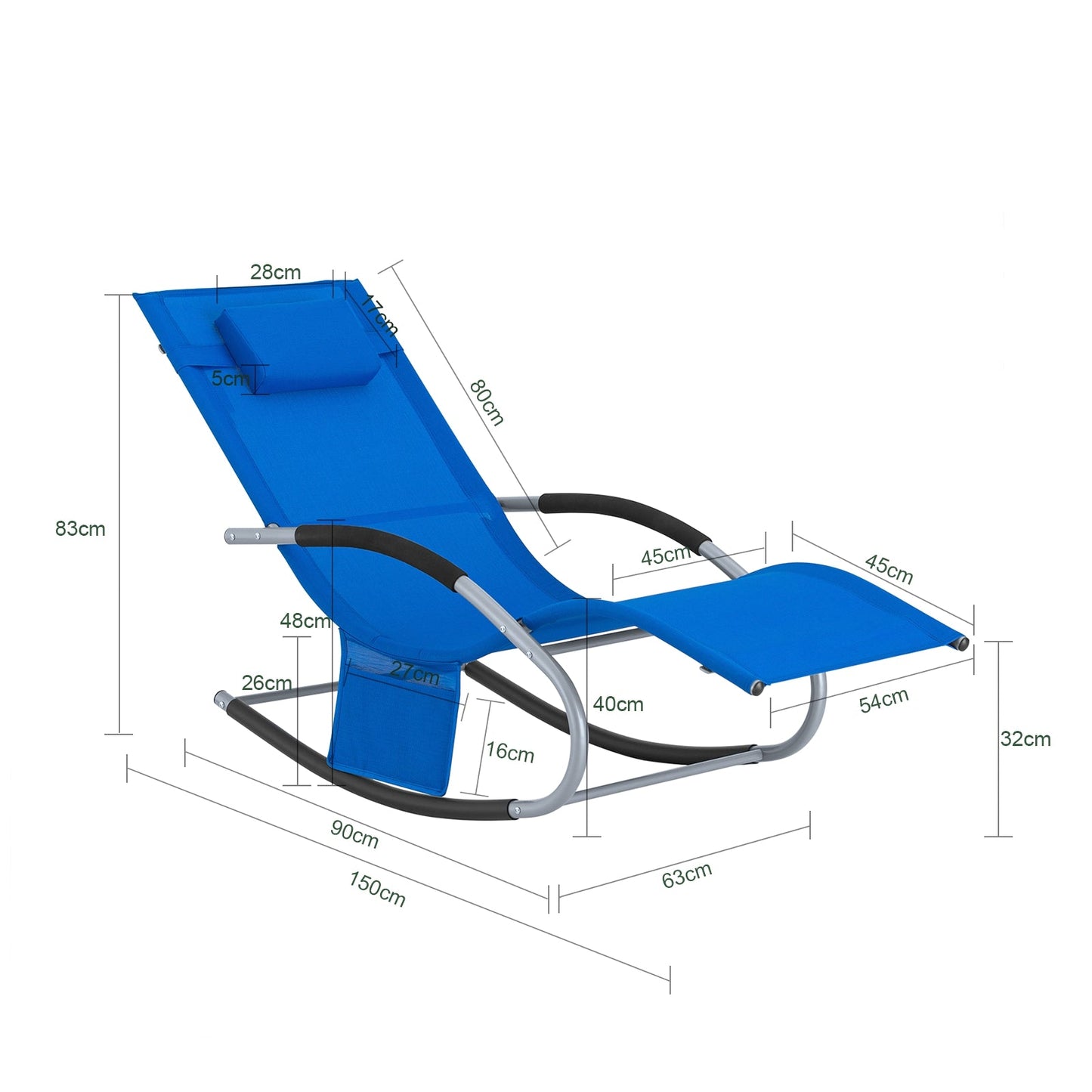 SoBuy Chaise longue OGS28-KB - Avec pieds à bascule et coussin de tête - 150 x 63 x 83 cm - Bleu