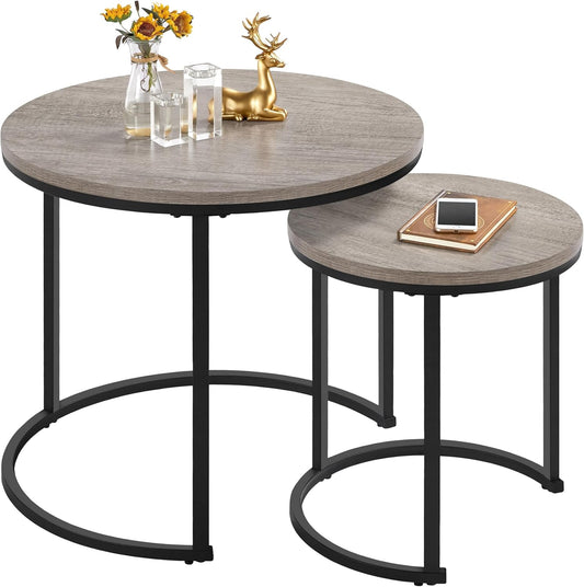 Yaheetech Ensemble de 2 tables d'appoint rondes avec structure métallique - Couleur bois de chêne