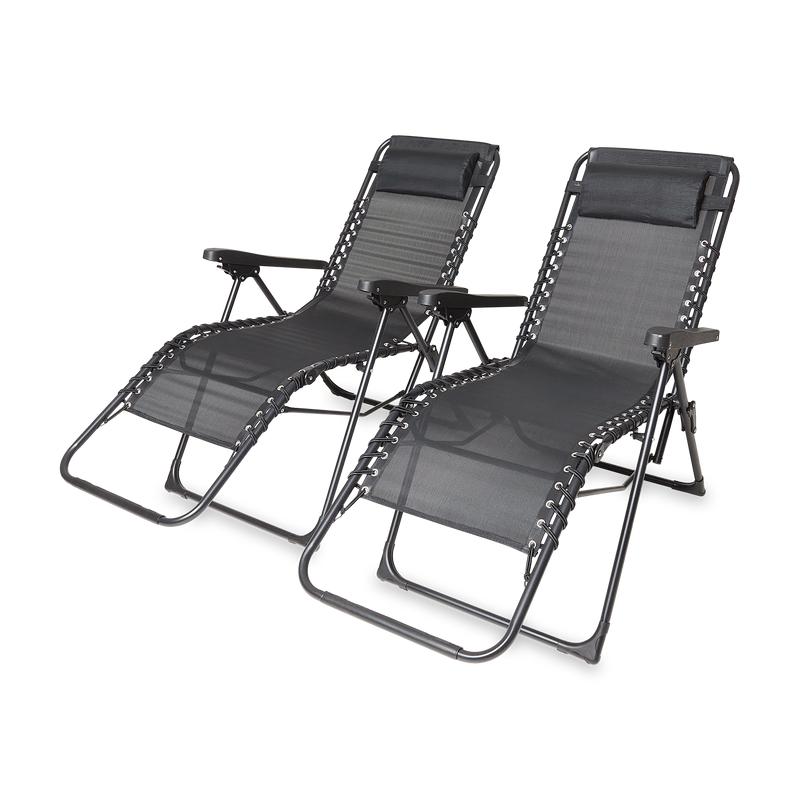 Ensemble de 2 chaises de jardin de luxe - Pliables avec coussins - Acier - Noir