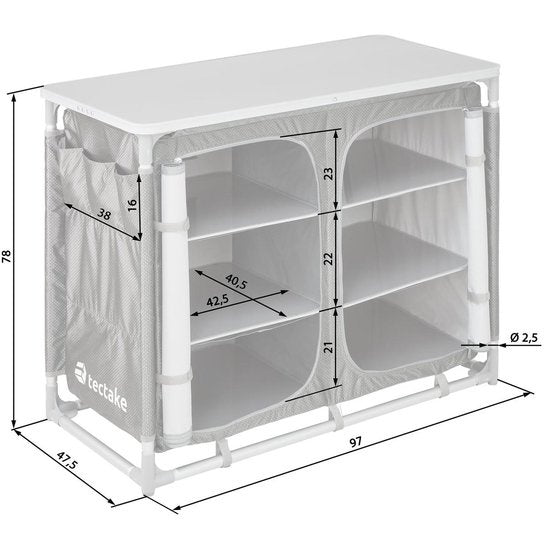 tectake® - Armoire de camping 97x47,5x78cm - Pliable - Compartiments verrouillables - Plans de travail robustes - Poches latérales pratiques - gris