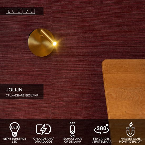Lucide JOLIJN - Lampe de chevet / applique murale rechargeable - Batterie rechargeable / piles - Ø 10,2 cm - LED - 1x2 W 3000 K - Magnétique - Or mat / Laiton