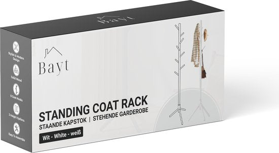 Bayt Porte-manteau - Porte-manteau sur pied - Porte-manteau bois - Porte-manteau sur pied - Porte-manteau - 8 crochets - 175 cm - Blanc