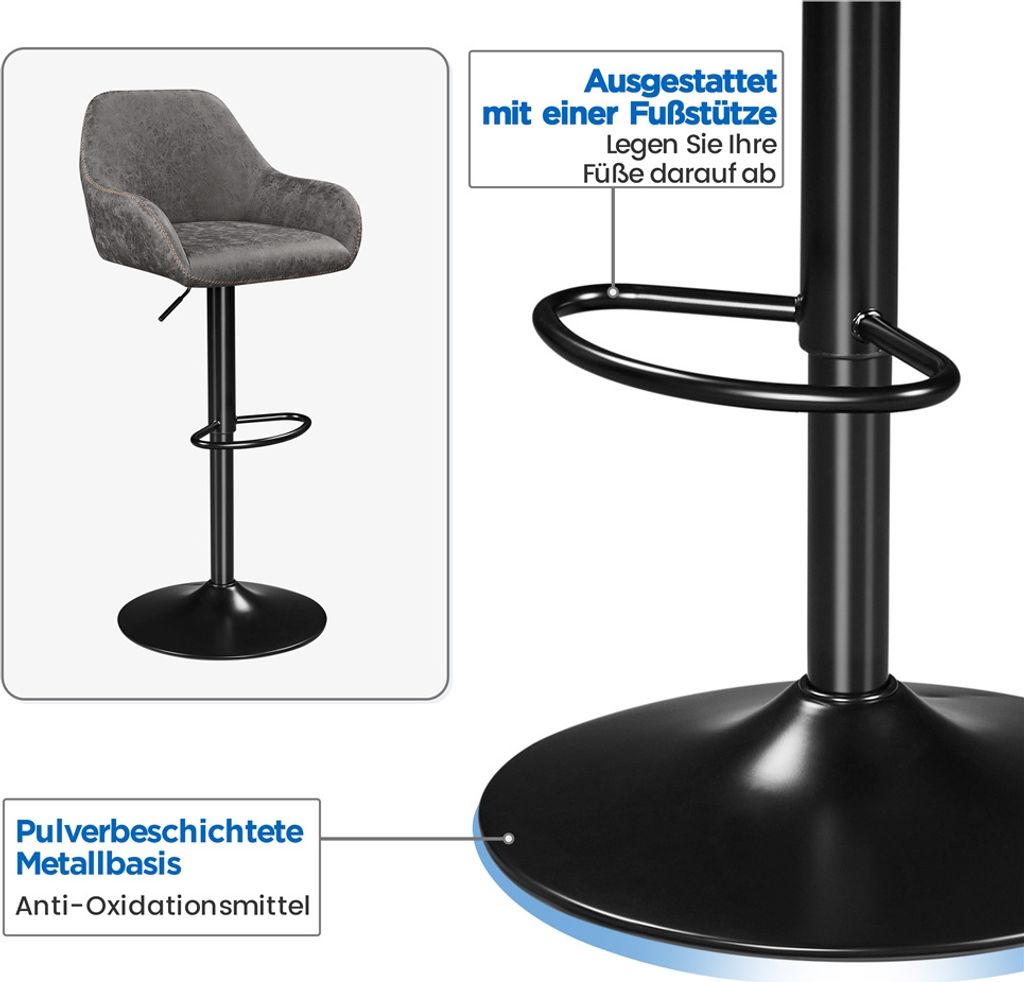 Lot de 2 tabourets de bar Yaheetech avec dossier - Pivotants à 360° - Réglables en hauteur de 87,5 à 107,5 cm - Simili cuir et métal - Gris
