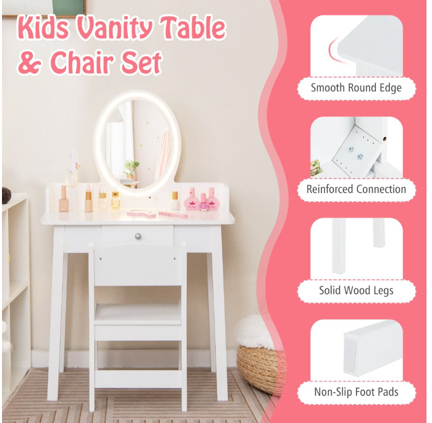 Coast Ensemble coiffeuse et chaise pour enfant - Bureau 2-en-1, Miroir LED bicolore, Anti-bascule - 60 x 35 x 96 cm - MDF/Bois vert - Blanc