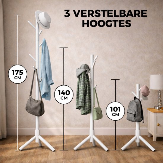 Bayt Porte-manteau - Porte-manteau sur pied - Porte-manteau bois - Porte-manteau sur pied - Porte-manteau - 8 crochets - 175 cm - Blanc