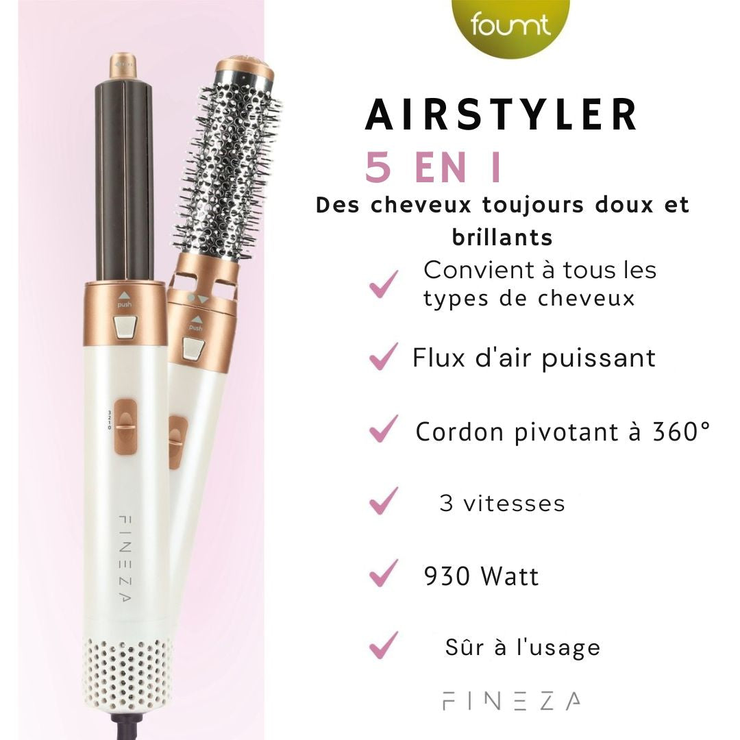 Brosse coiffante 5 en 1 - Fineza - 4 Embouts - Blanc/Or Rose