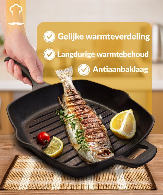 Poêle à griller en fonte Chefarone – 25,5 cm – Compatible induction, gaz, four et barbecue – Poêle à griller carrée à rainures – Sillons de cuisson parfaits et répartition optimale de la chaleur – Poêle avec poignée