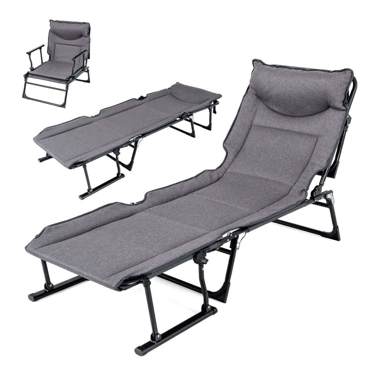 Lit de camping pliable Coast 3-en-1 - dossier réglable - appui-tête - gris et noir