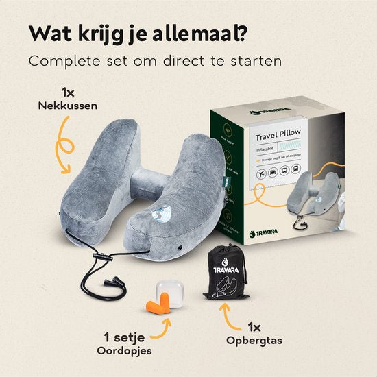 TRAVARA Oreiller gonflable pour la nuque - The Airsnoozer - Oreiller de voyage - Pour l'avion et la voiture - Avec bouchons d'oreille - Oreiller pour la nuque - Gris