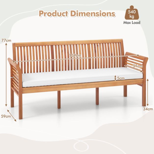 Banc de jardin Coast 3 places en bois d'acacia avec coussins – 159 x 59 x 77 cm – Naturel