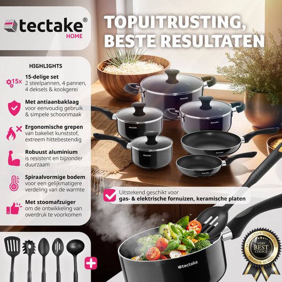 tectake® Ensemble de casseroles 15 pièces - Aluminium avec couvercles en verre - ustensiles inclus - Noir