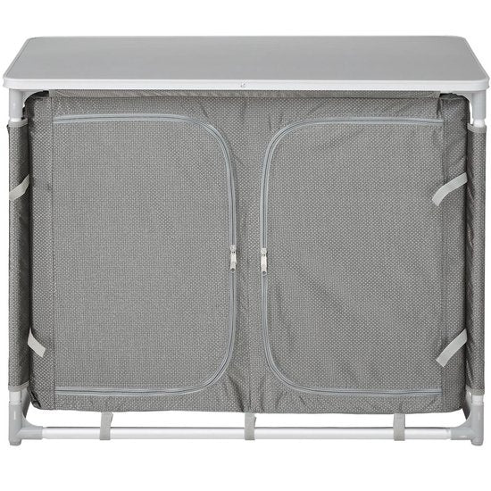 tectake® - Armoire de camping 97x47,5x78cm - Pliable - Compartiments verrouillables - Plans de travail robustes - Poches latérales pratiques - gris