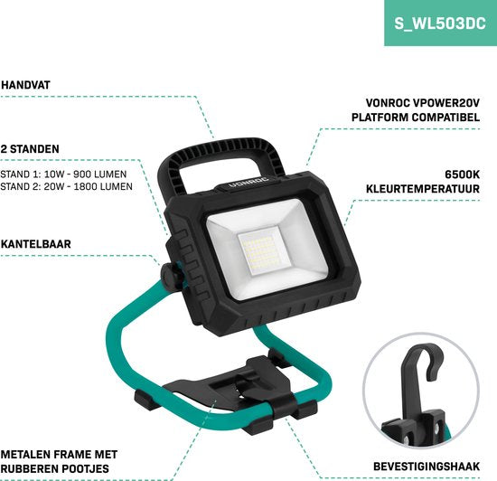 VONROC Lampe de chantier à batterie 20V - LED - 20W - 2 modes : 900/1800 lumens - inclinable - grand angle de rayonnement - Batterie 2.0Ah et chargeur rapide inclus