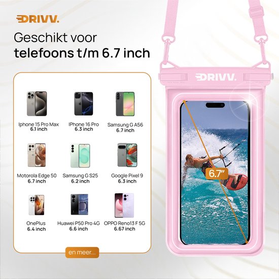 Drivv. Étui de luxe pour téléphone portable étanche - flottant - fermeture à double clip - jusqu'à 6,8 pouces - étui pour téléphone portable sous-marin - rose