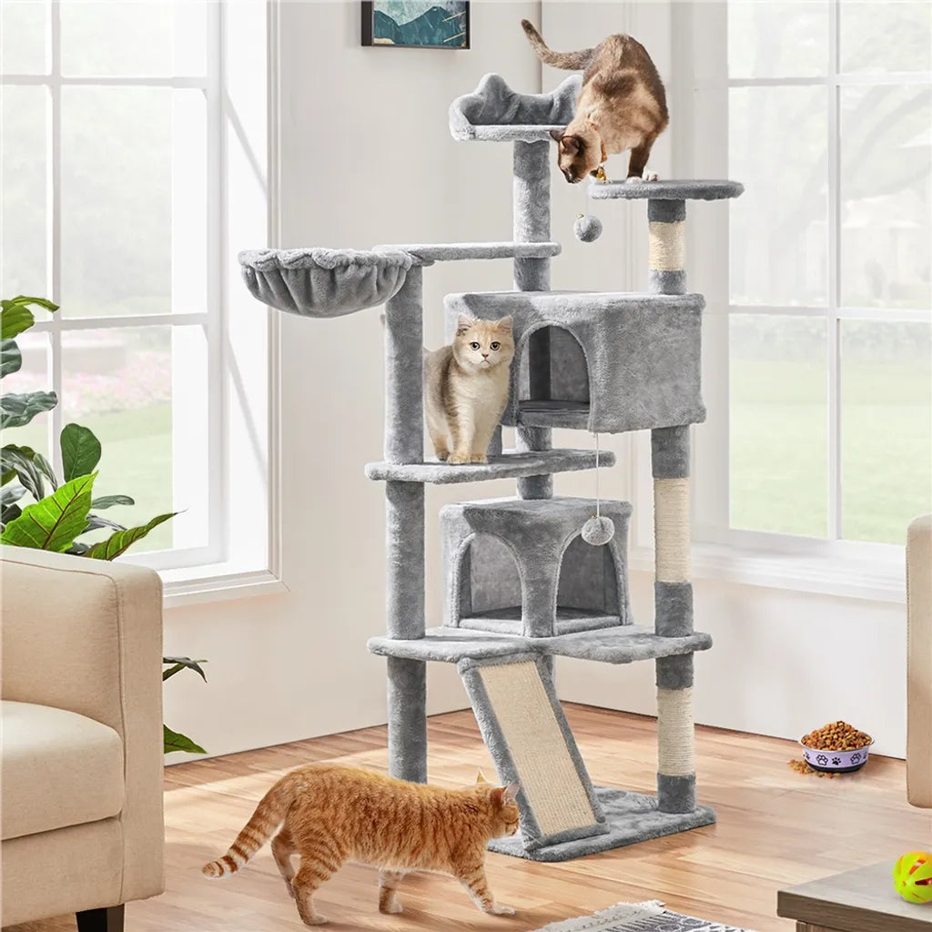 Arbre à chat Yaheetech 146 cm - avec 2 niches pour chats - 3 plateformes d'observation - gris clair