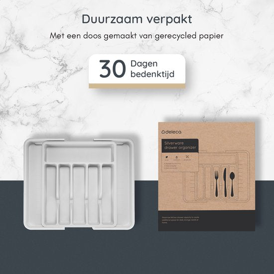 Deleca Range-couverts coulissant avec 8 compartiments - Range-couverts pour tiroir - Range-couverts pour tiroir de cuisine - Porte-couverts pour la cuisine - 57 x 38 cm - Plastique / Blanc Gris