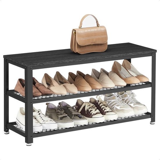 Goliving Rangement de chaussures - Banc de chaussures - Banc d'entrée - Industriel - 30 x 80 x 45 cm - Métal - Bois noir