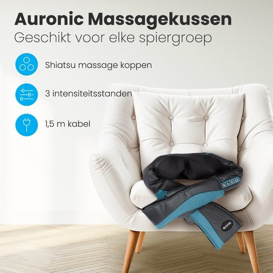 Auronic Shiatsu Massage Cushion - Appareil de massage électrique pour la nuque - Appareils de massage - Nuque et épaules - Infrarouge - Mallette de transport incluse - Noir/Bleu