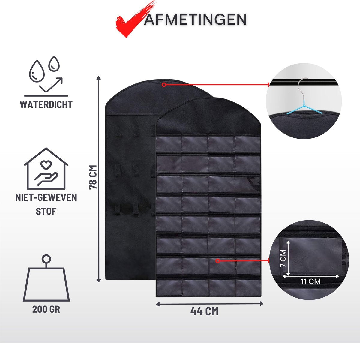 Aerend - Organiseur de bijoux - Porte-bijoux double face suspendu et transparent - Accessoires de rangement - Sac de rangement au-dessus de la porte en noir - Pour colliers, boucles d'oreilles, lunettes de soleil, bagues, Maquillage