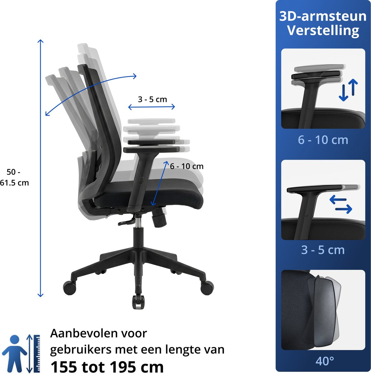 Chaise de bureau Backerz Low Mesh noire - Profondeur d'assise : 51 cm - Ergonomique - Jusqu'à 140 kg