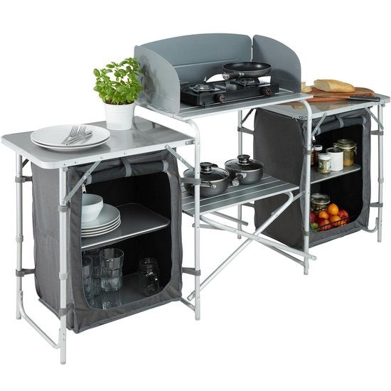 Cuisine de camping, Tectake®, 172x52x104cm, Pliable, Compartiments verrouillables & Plans de travail, Pare-vent inclus, Gris