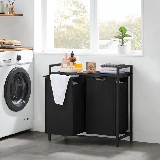 O'DADDY® Panier à linge 2 compartiments - trieur de linge extensible avec étagère - 73 x 33 x 72 cm - métal - gris foncé