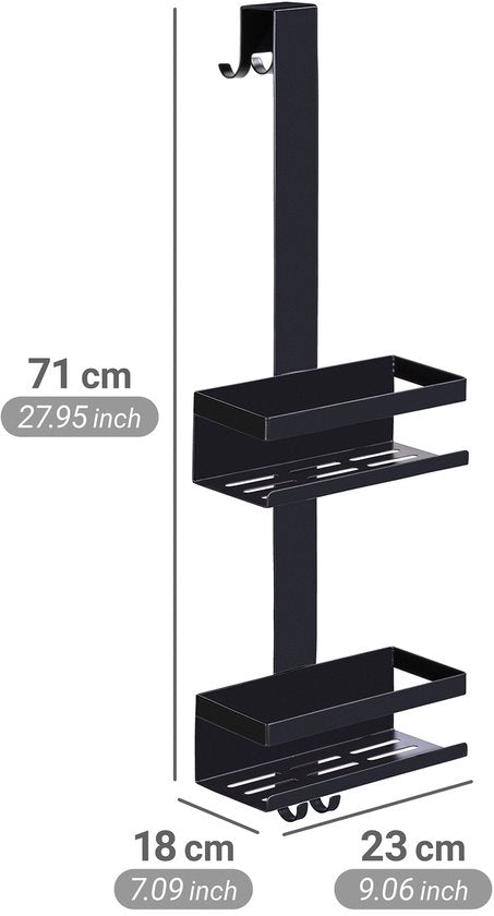 WENKO Support de douche Bribano Duo à 2 niveaux, en acier inoxydable noir mat, 23 x 71 cm - Support de douche sans perçage - Support de douche suspendu - Panier de douche - Panier de douche à suspendre