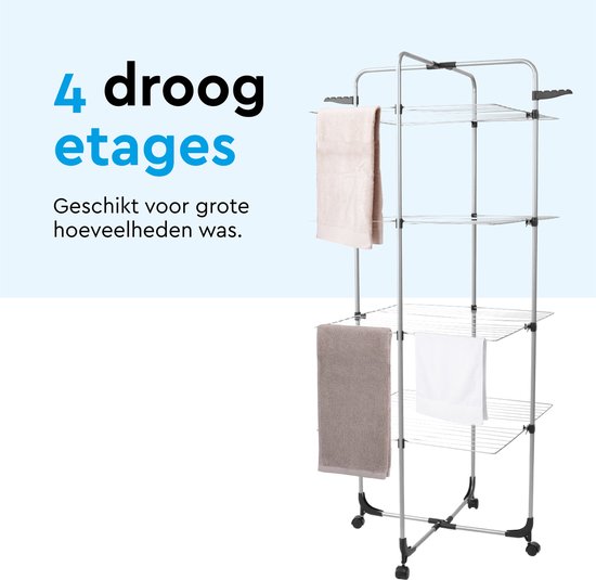 BRASQ Tour de séchage 4 couches - Longueur de séchage 40 mètres - Étagère de séchage avec roulettes et supports - Étagère à linge - Tour de séchage 68x68x169 cm - Blanc