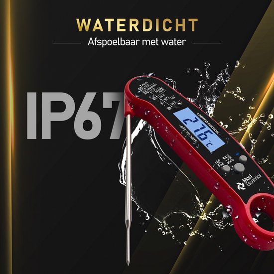 MostEssential Premium Thermomètre à viande - Thermomètre BBQ - Thermomètre à cœur - Thermomètre à sucre - Thermomètre de cuisine - Numérique - Sans fil - Etanche - Rouge
