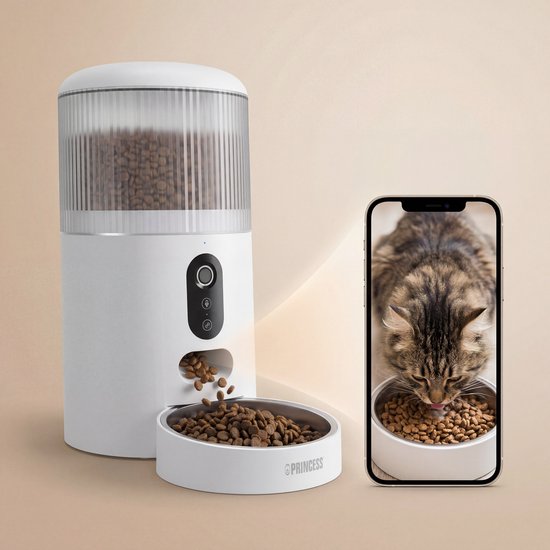 Mangeoire automatique Princess - Caméra HD et fonction intelligente - 4 litres – Chat et chien – Commande via application – Repas programmables – Bol en acier inoxydable – Batterie de secours – Distributeur automatique de nourriture – 610045