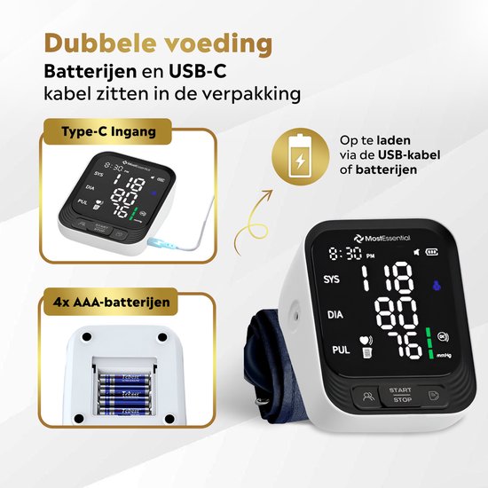 MostEssential Moniteur de pression artérielle au bras - Moniteur de fréquence cardiaque - Mémoire de 398 lectures - Câble USB-C inclus - 30S