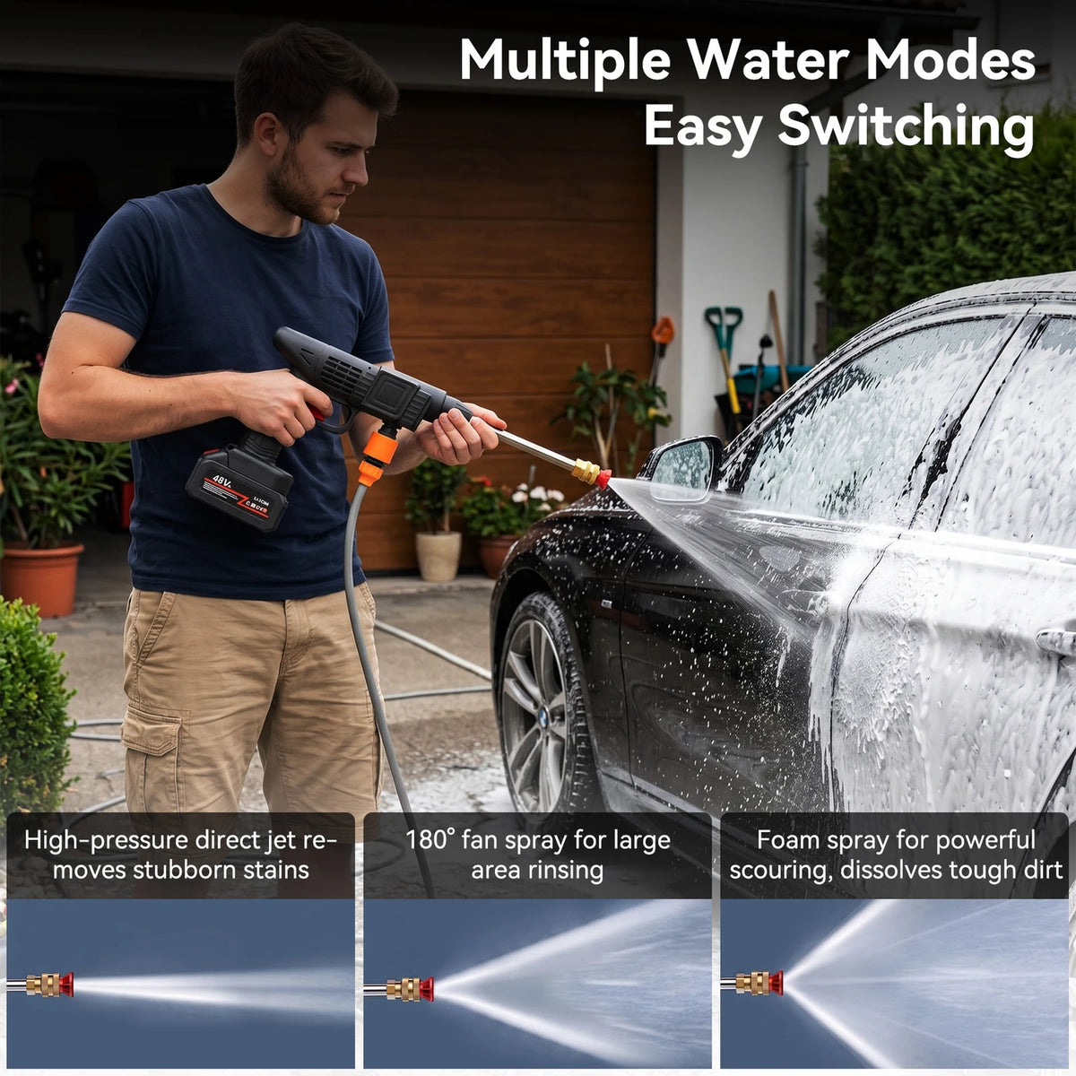 Nettoyeur haute pression sans fil - 1 500 W - Batterie au lithium - Tuyau d'arrosage de 5 mètres - Pour la voiture, la terrasse et le jardin