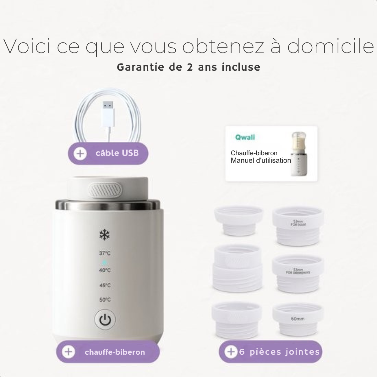 Chauffe-biberon portable - Chauffage homogène - Chauffe-biberon sans fil pour bébé - Chauffe-biberon sans fil - Qwali