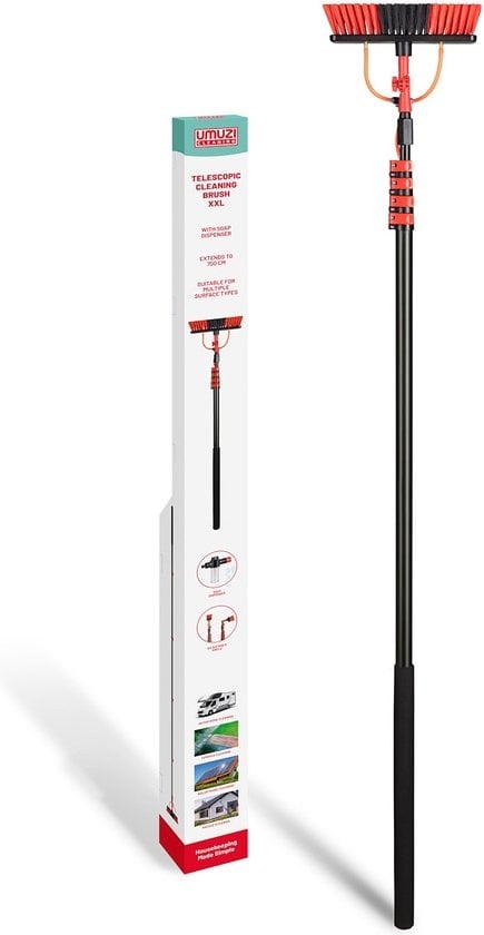 Brosse de lavage - Umuzi Cleaning - Brosse téléscopique 7 m - Manche extensible, angle réglable, distributeur de savon