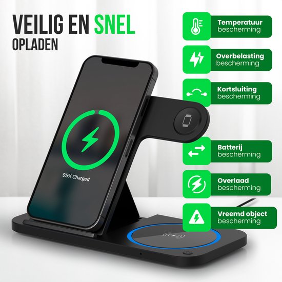 Strex 3-in-1 Wireless Charger - Station de charge - Chargement rapide 15W - Pliable - Convient pour iOS & Android, Apple Watch, AirPods et écouteurs sans fil - Noir