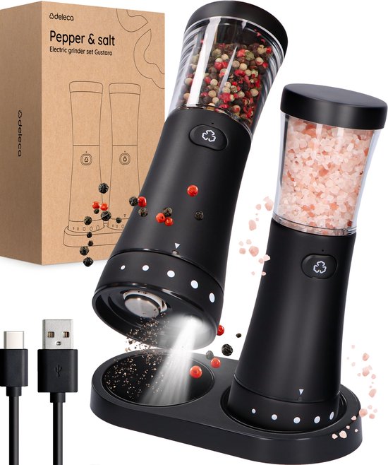 Deleca Moulin à poivre et à sel électrique Gustaro - Capacité de stockage de 130 ml - Moulin à poivre et à sel de luxe - Mouture réglable - Rechargeable par USB / Noir