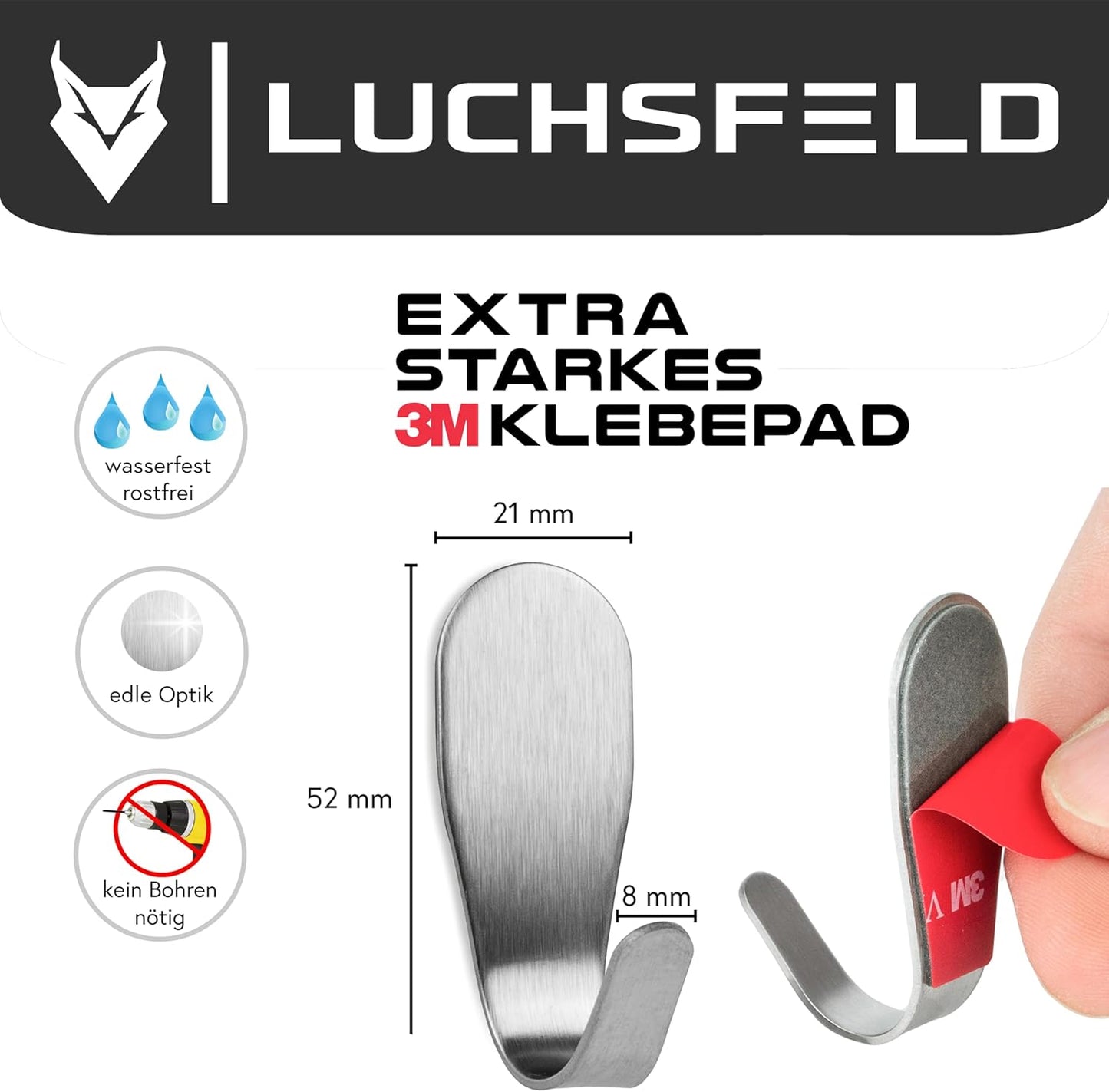 LUCHSFELD Lot de 4 crochets à serviettes auto-adhésifs en acier inoxydable - 4,5 x 4,5 cm - Argent - Pour la salle de bains et la cuisine