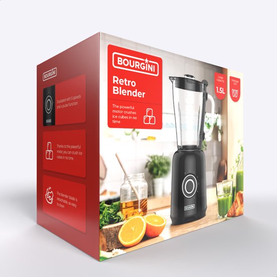 Mixeur Bourgini Retro - 5 vitesses et fonction pulse - 1,5 litre - Mixeur à smoothies - 500 watts - Noir